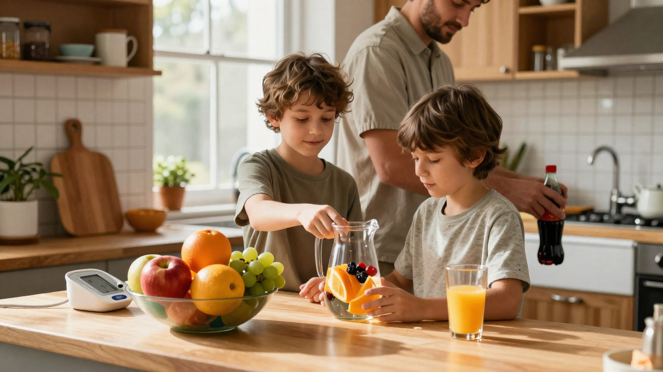 Crianças a preparar sumo de fruta na cozinha com fruta fresca e adulto ao fundo.