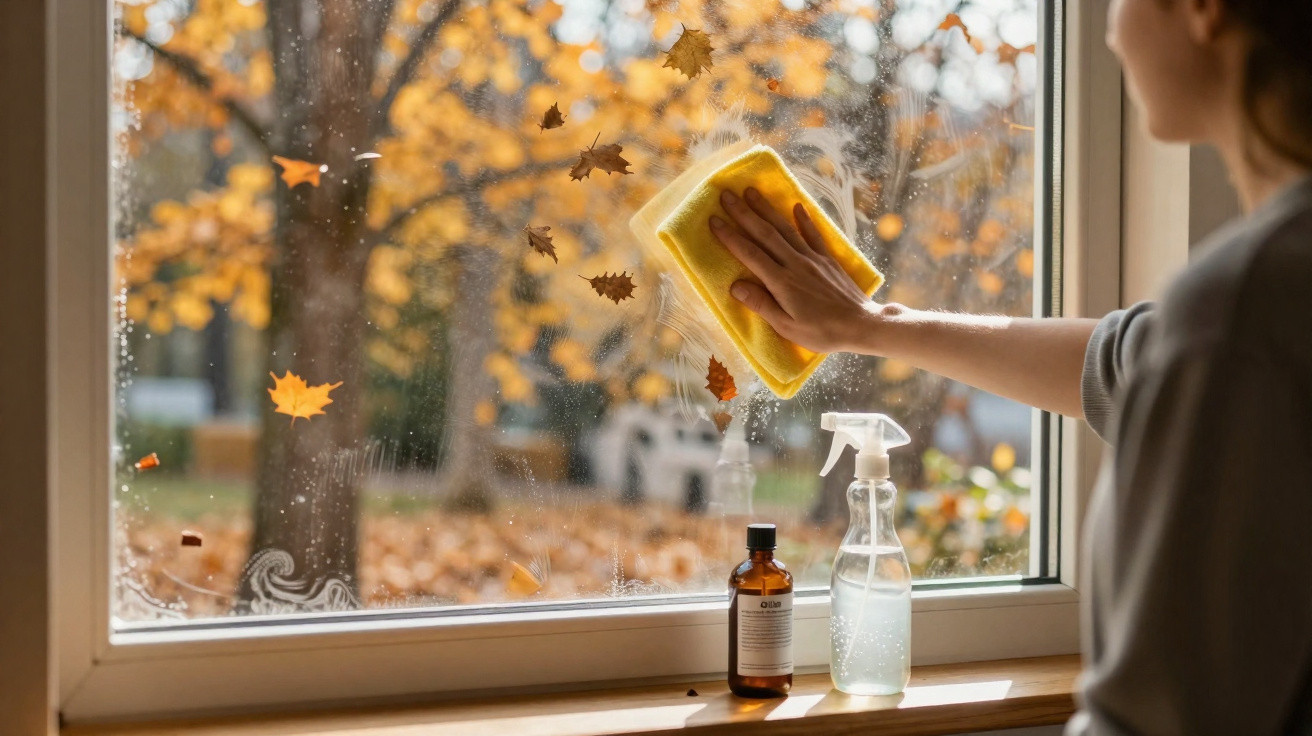 Pessoa a limpar janela com pano amarelo, folhas de outono visíveis do lado de fora.