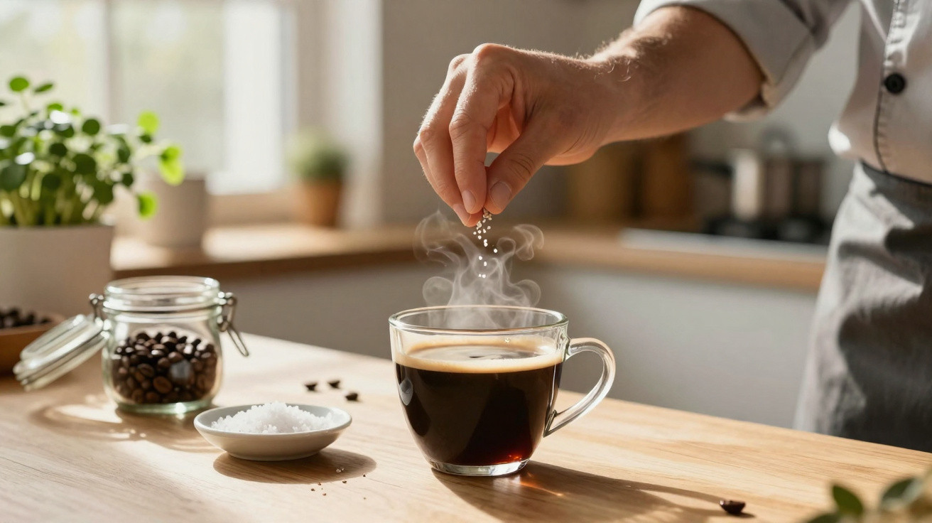 Mão a polvilhar açúcar num café quente numa cozinha com frascos de açúcar e grãos de café sobre a mesa de madeira.