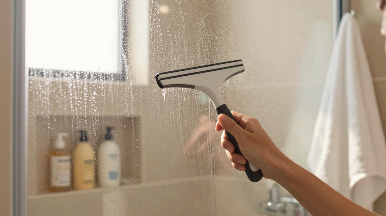 Mão a limpar vidro da cabine de duche com um limpa vidros preto e branco numa casa de banho.