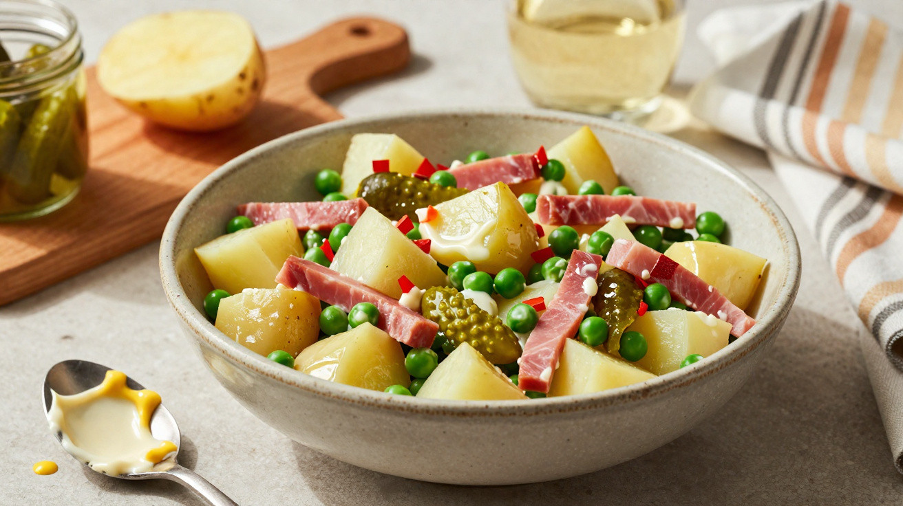Salada de batata com ervilhas, fiambre cortado em tiras e pepinos em conserva numa taça cinzenta.