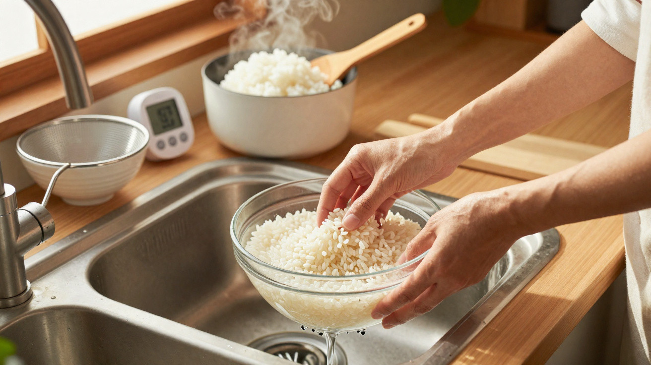 Mãos a lavar arroz em escorredor sobre a pia de cozinha com panela de arroz ao fundo.