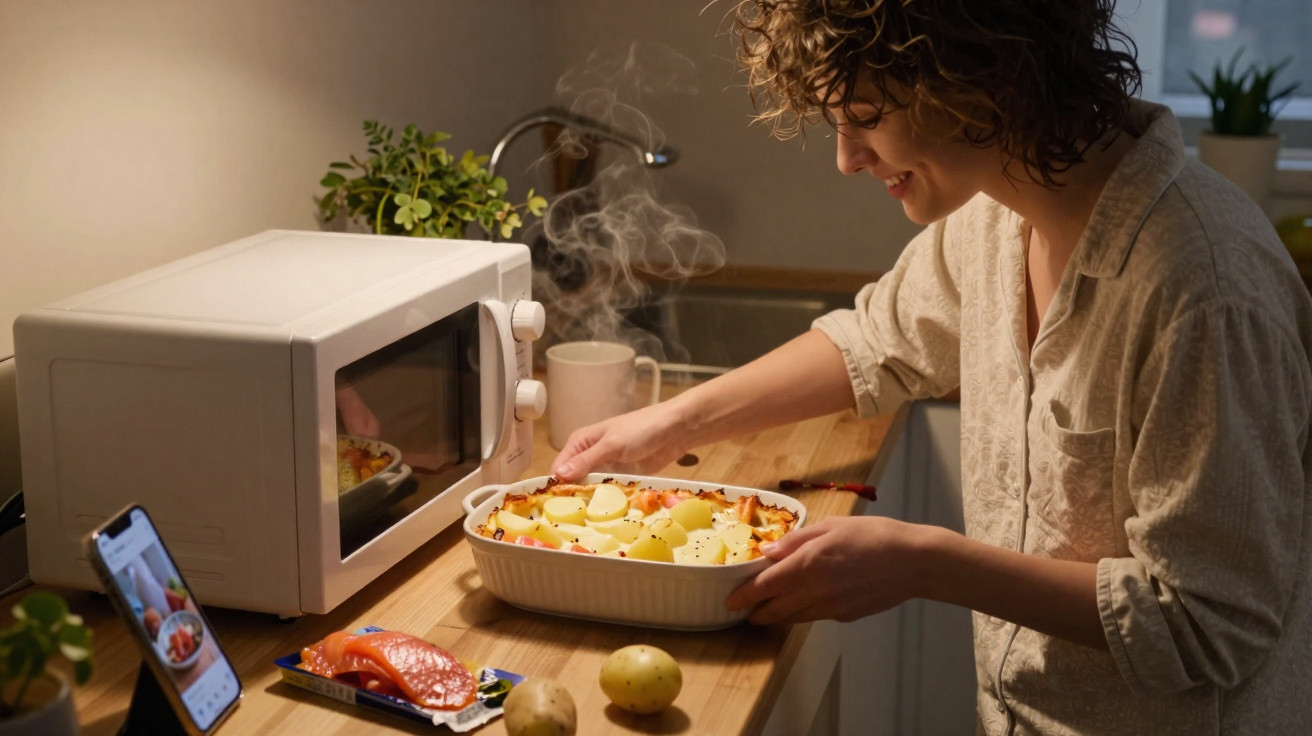 Mulher a tirar um prato quente com batatas do micro-ondas numa cozinha acolhedora.