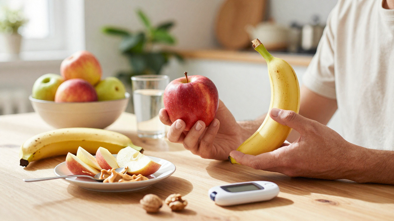 Pessoa comendo fruta saudável, segurando uma maçã e uma banana numa cozinha luminosa.