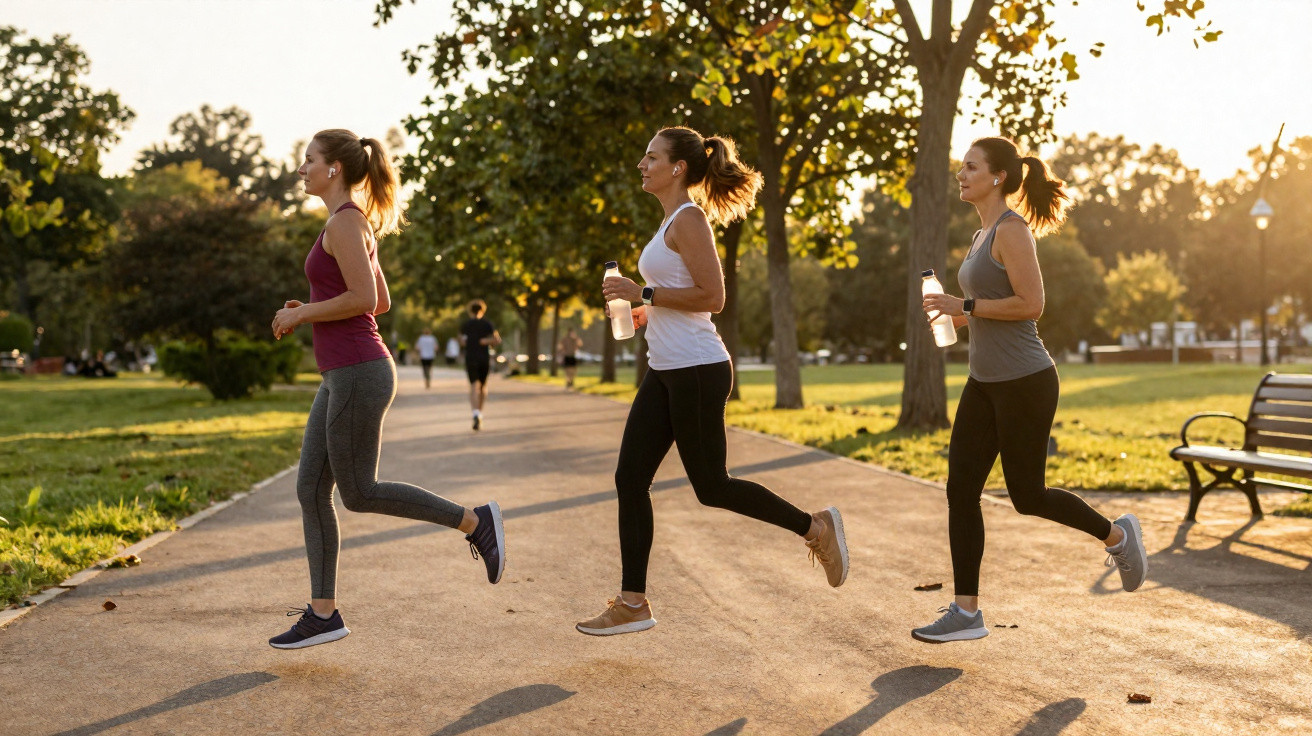 Três mulheres a correr num parque ao pôr do sol, vestidas com roupa desportiva e com garrafas de água.