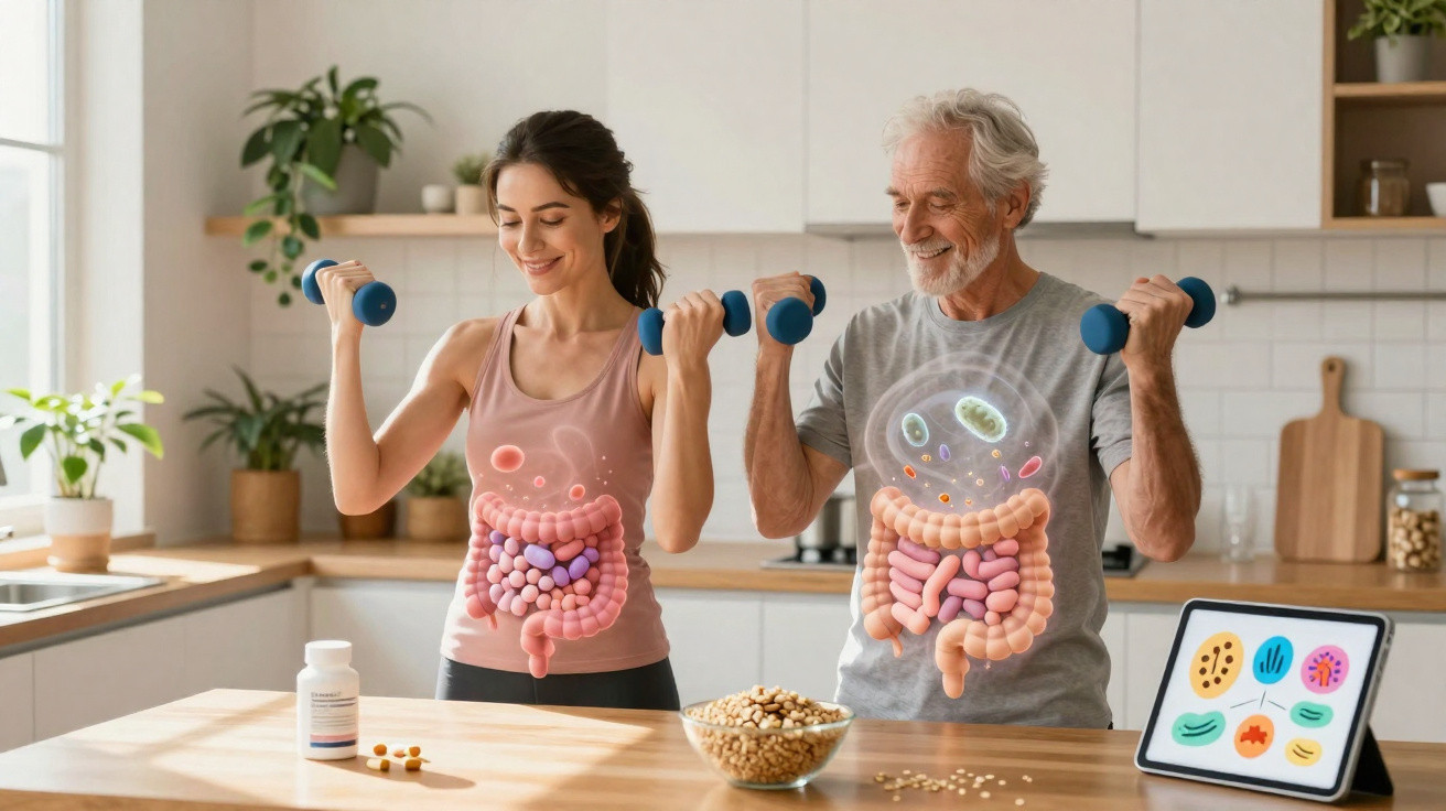 Mulher e homem idosos a fazer exercício com halteres, conceito de saúde intestinal e probióticos.