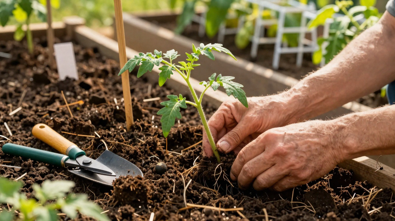 Mãos a plantar uma muda de tomateiro em solo fértil num canteiro, com ferramentas de jardinagem ao lado.