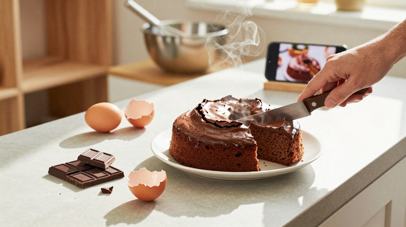Bolo de chocolate acabado de fazer a ser cortado com faca numa cozinha, perto de ovos e pedaços de chocolate.