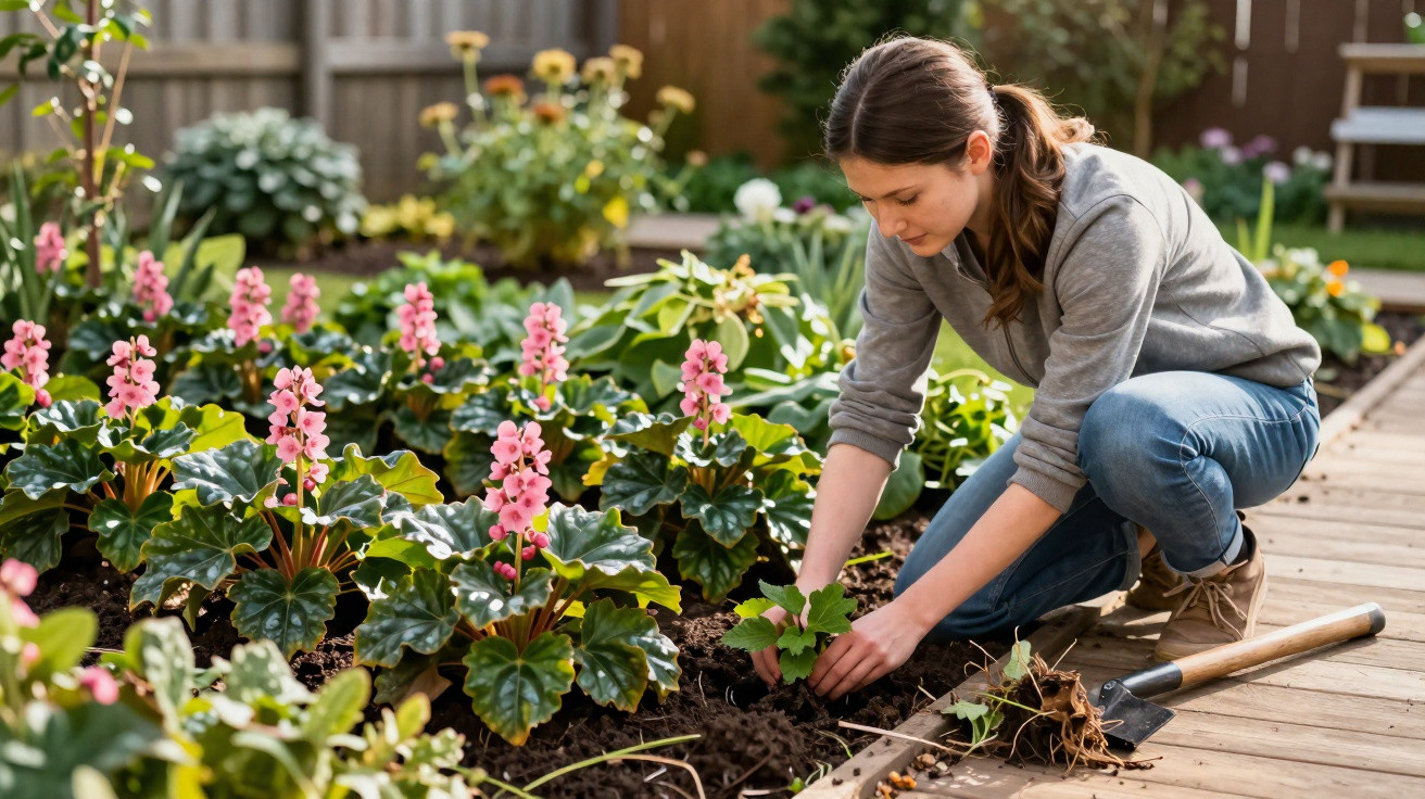 Mulher a plantar flores cor-de-rosa num jardim com ferramentas de jardinagem ao lado.