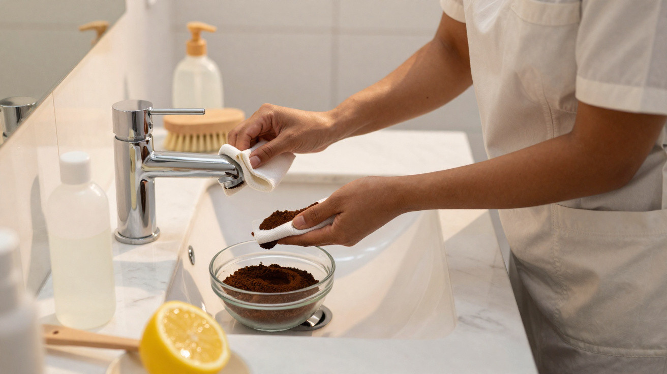 Pessoa a esfregar café moído no lavatório branco com produtos de limpeza e meio limão na bancada.