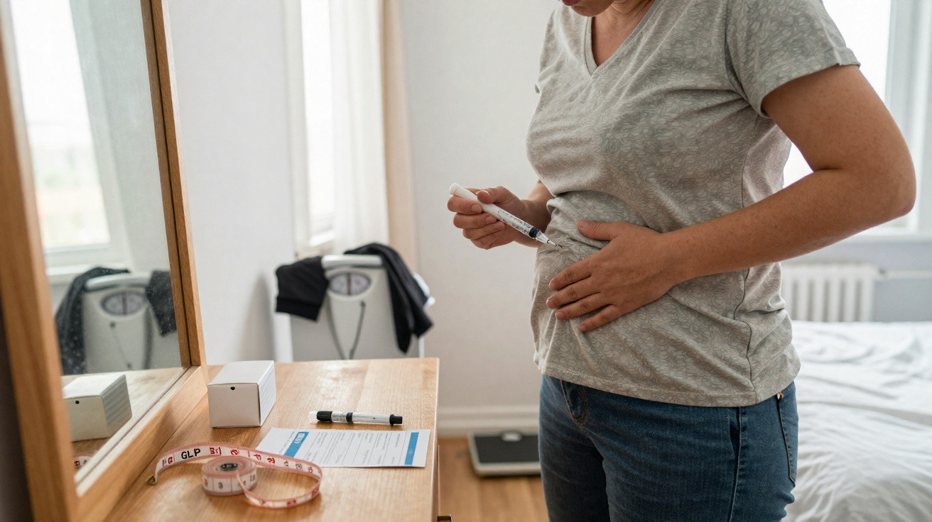 Pessoa a aplicar injeção abdominal em ambiente doméstico junto a espelho e objetos de medição.