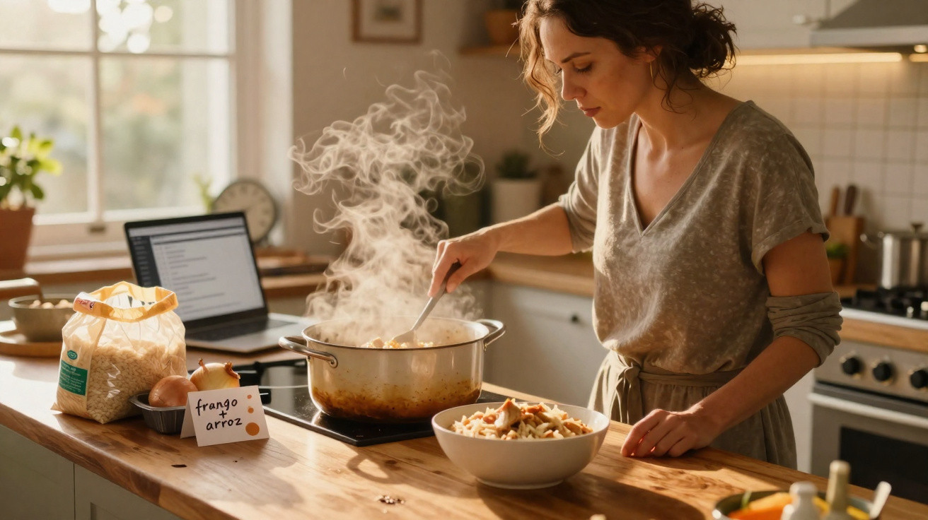 Mulher cozinha frango com arroz numa panela enquanto consulta receita no portátil na cozinha.