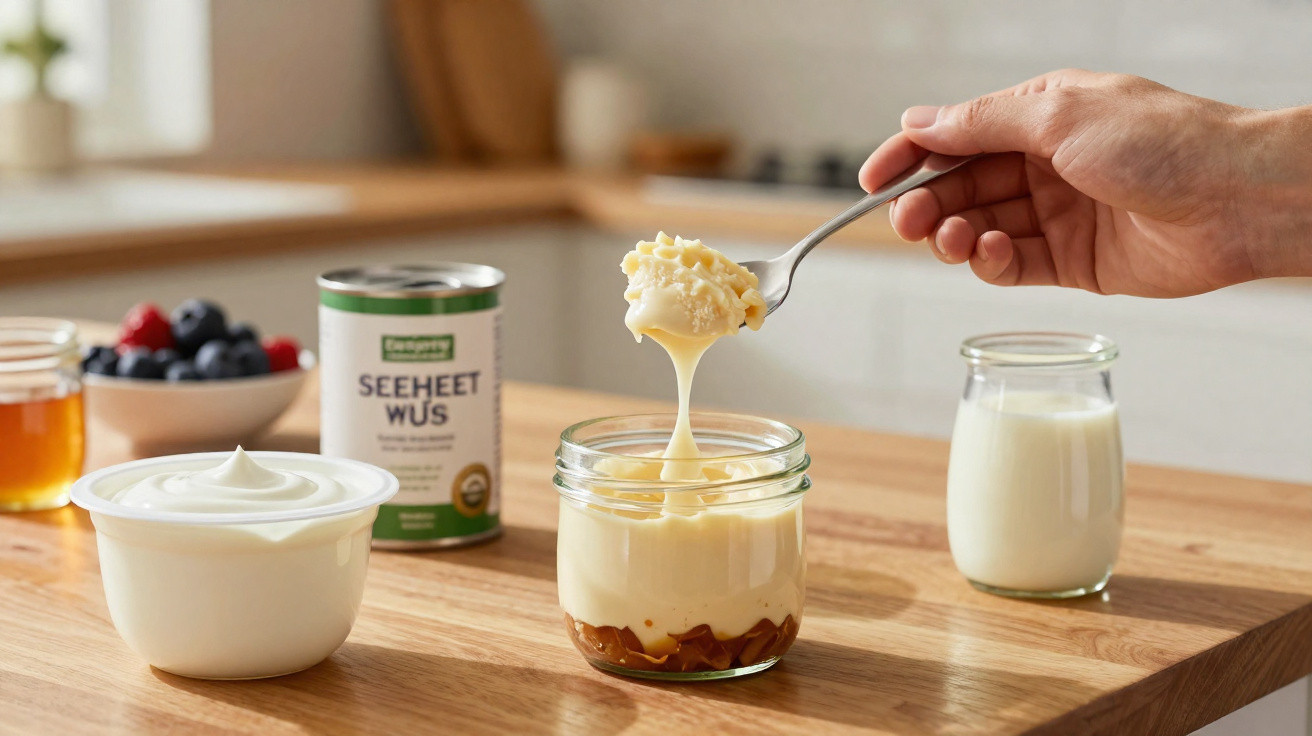 Mão a servir sobremesa cremosa num frasco de vidro numa mesa com iogurte, mel e frutos vermelhos desfocados.