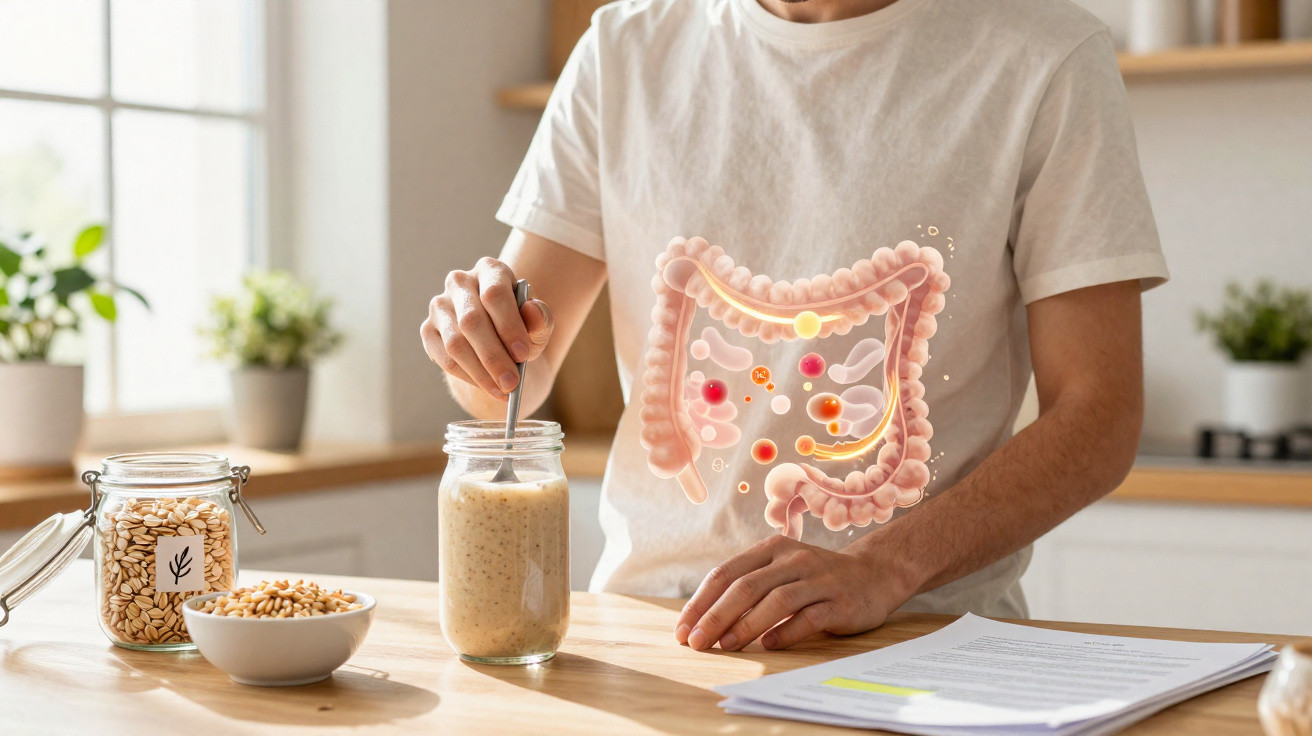 Pessoa a mexer vidro com batido à frente de representação gráfica do intestino grosso.