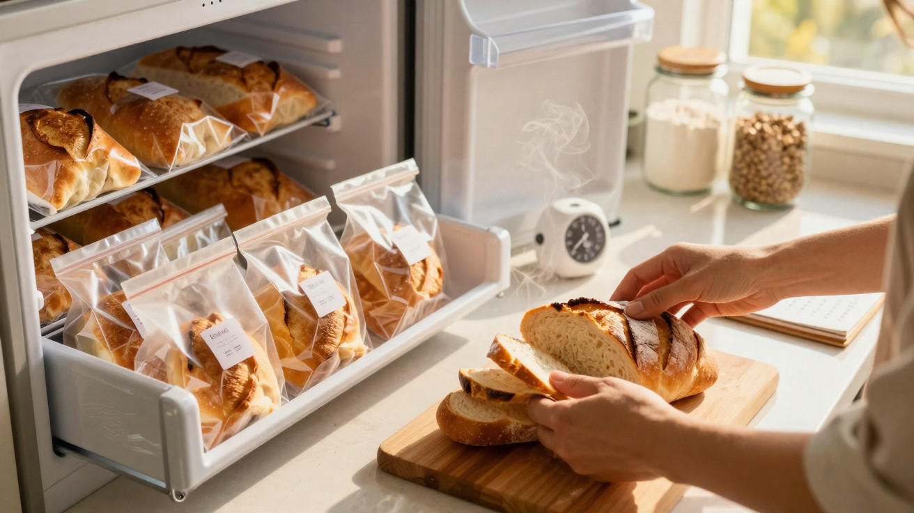 Pessoa a cortar pão fresco numa tábua, com pão embalado em sacos plásticos num armário aberto ao lado.