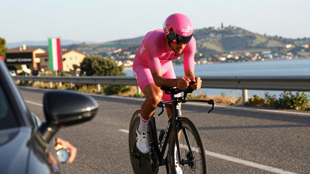Ciclista com equipamento rosa a pedalar numa bicicleta preta numa estrada junto a um lago.