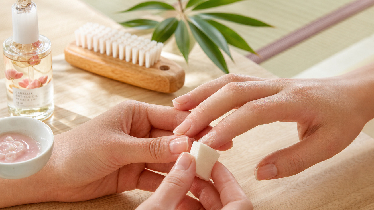 Tratamento de unhas com esponja e creme de cutículas, com pincel e óleo ao fundo.