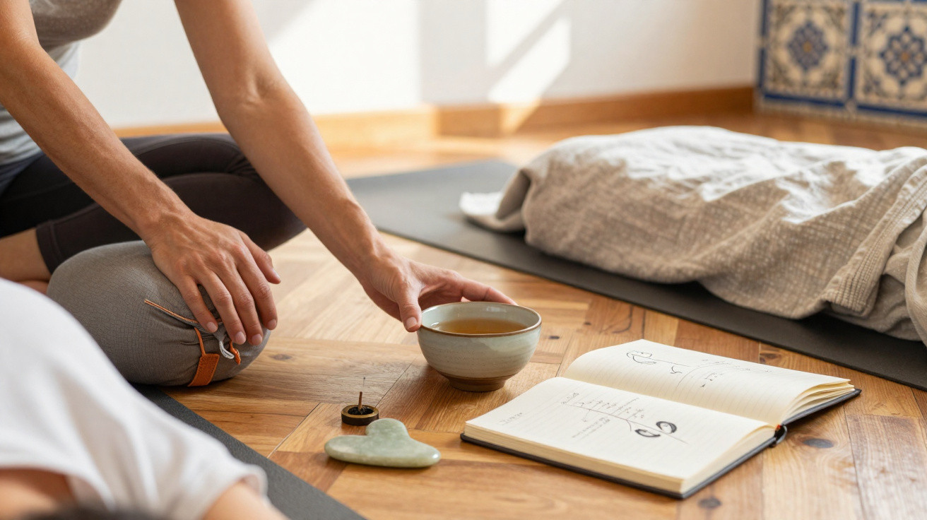 Pessoa sentada no chão a segurar uma taça com chá junto a um diário aberto e acessórios de relaxamento.