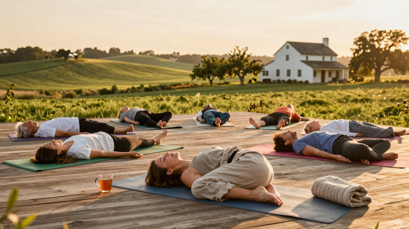 Grupo de pessoas a praticar yoga ao ar livre numa plataforma de madeira com paisagem campestre ao fundo.