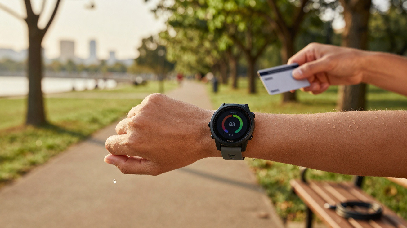 Pessoa a efetuar pagamento com cartão contactless através de relógio inteligente num parque.
