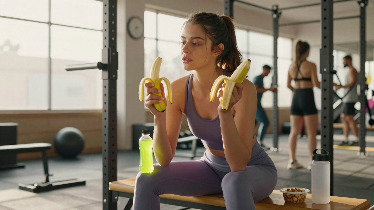 Mulher em roupa de ginásio sentada a descansar, a segurar duas bananas, com bebida e snacks ao lado numa sala de treino.