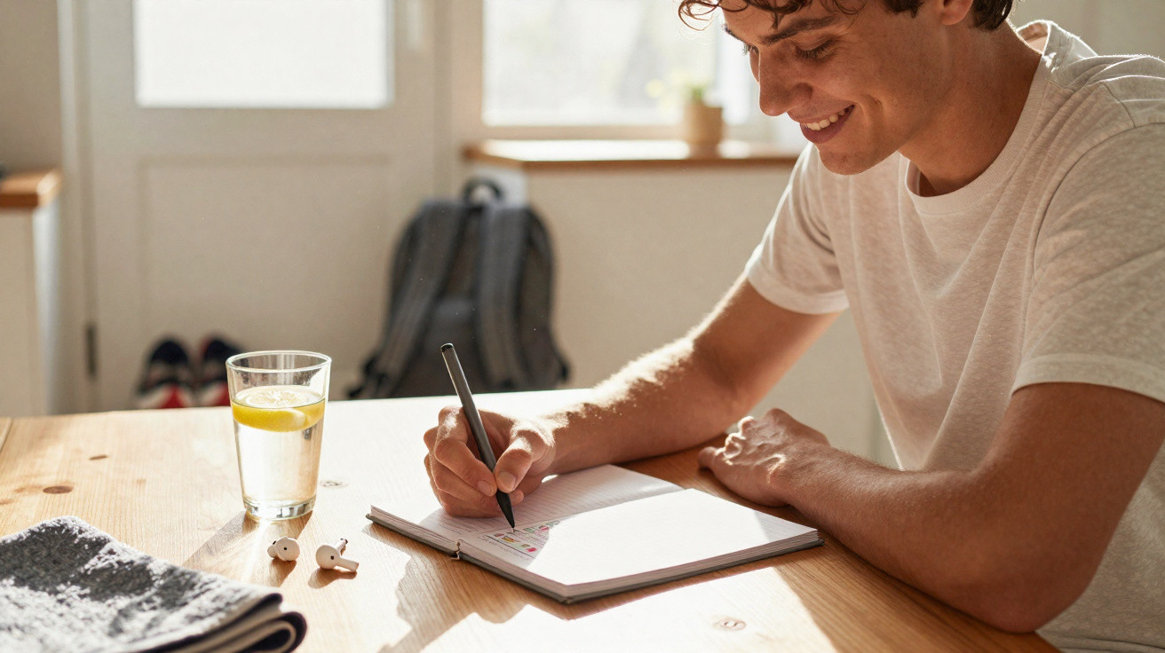 Jovem sentado a escrever num caderno com caneta, sorrindo, numa mesa com vidro de água e auriculares.