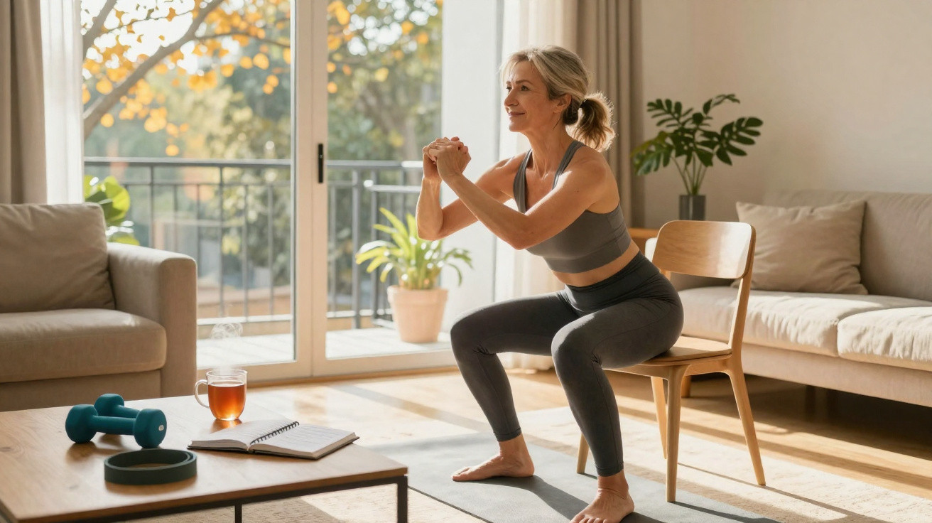 Mulher a fazer exercício físico, agachamento assistido por cadeira, em sala iluminada e acolhedora.
