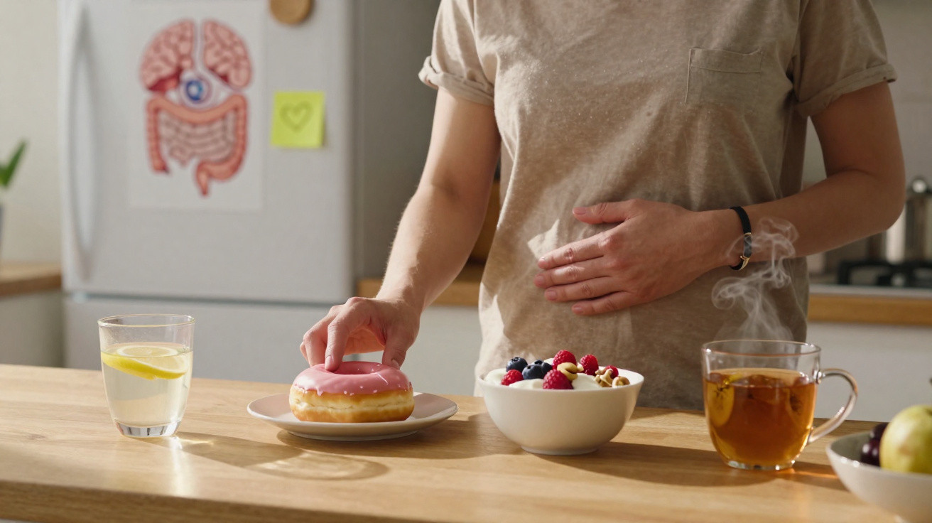 Pessoa em cozinha a escolher entre um donut, uma taça de fruta e chá quente.