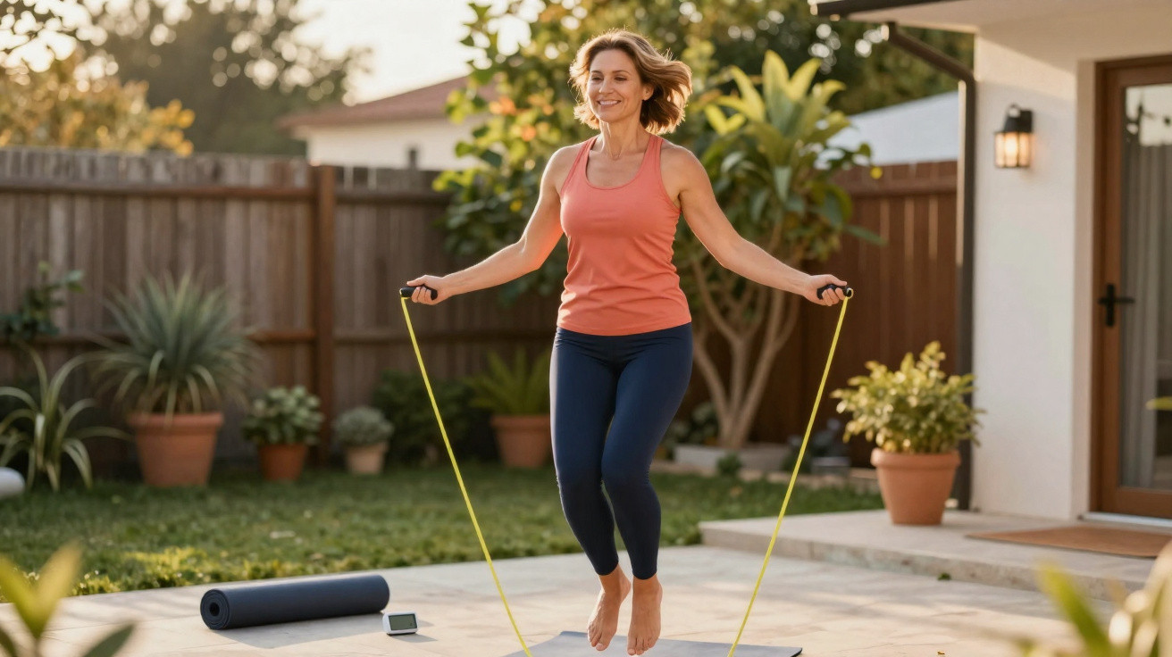 Mulher sorridente a saltar à corda num jardim com plantas e tapete de yoga ao chão.