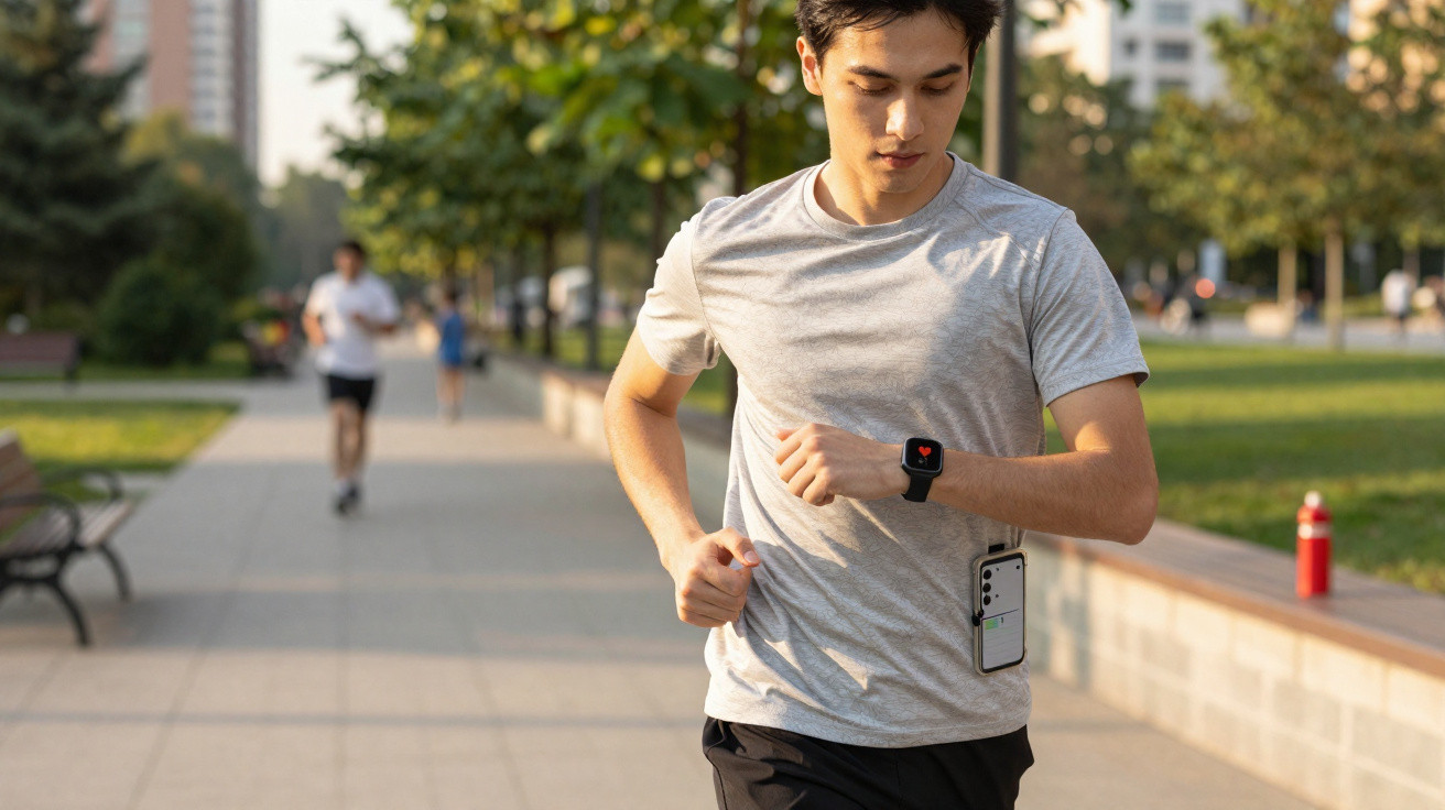Homem a correr num parque urbano, vestido com t-shirt cinza e relógio desportivo preto.