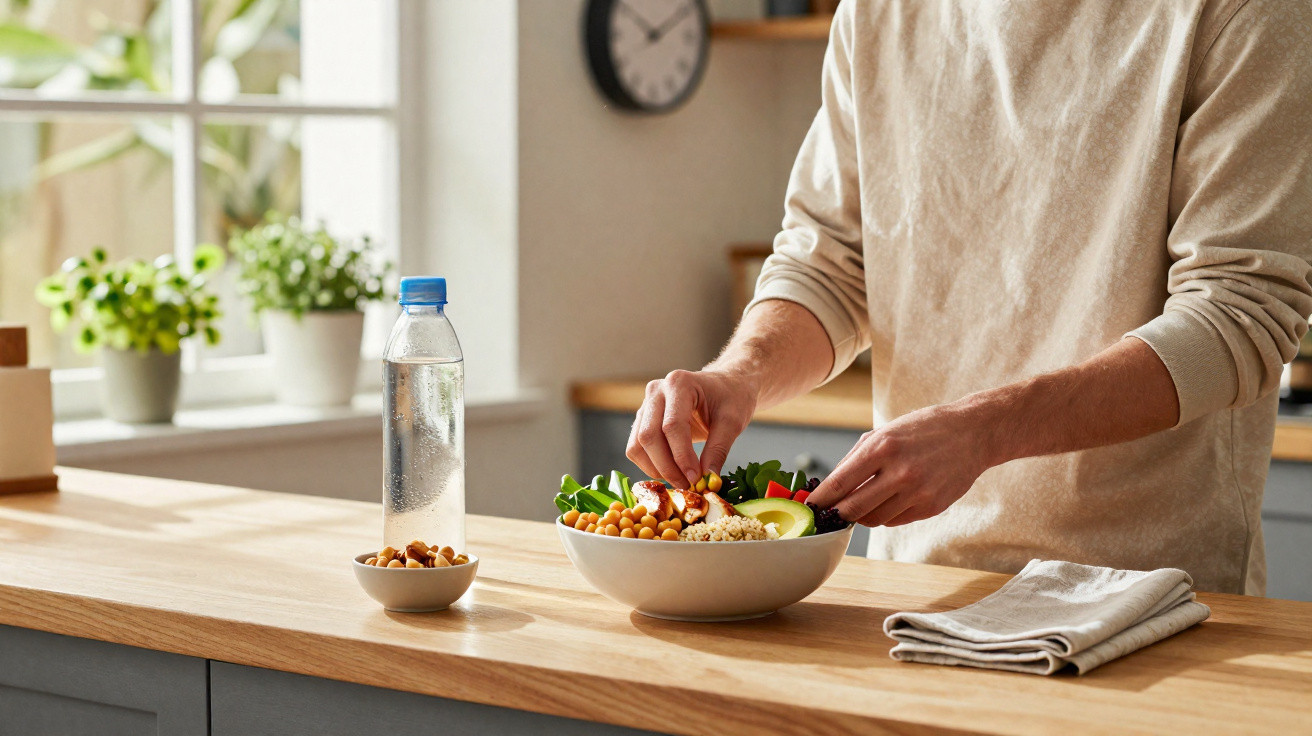 Pessoa a preparar uma salada saudável numa cozinha luminosa com garrafa de água e plantas à janela.