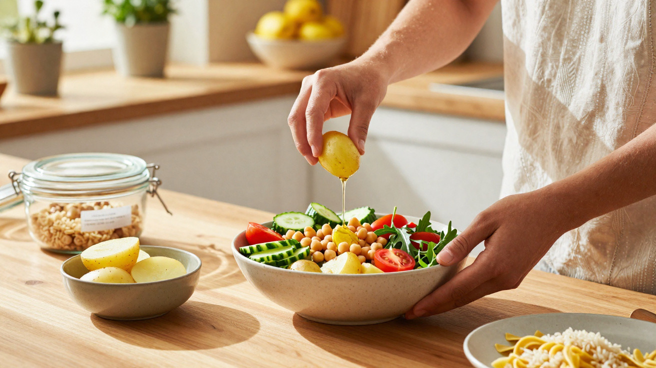 Pessoa a espremer limão sobre salada com grão-de-bico, tomate, pepino e batatas numa cozinha iluminada.