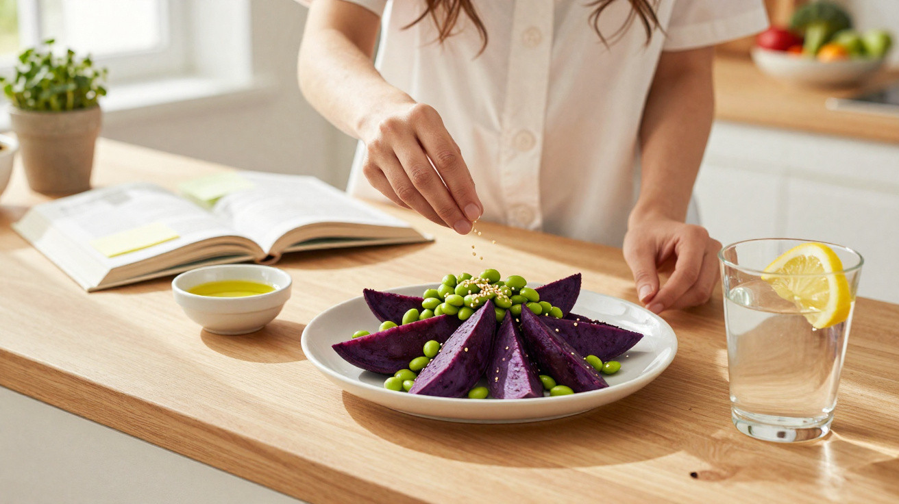 Pessoa tempera salada de batata-doce roxa com ervilhas verdes numa cozinha luminosa.