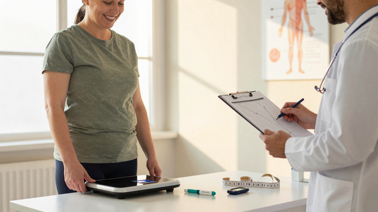 Paciente feminina a sorrir enquanto pesa-se numa balança, com médico a analisar dados numa ficha.