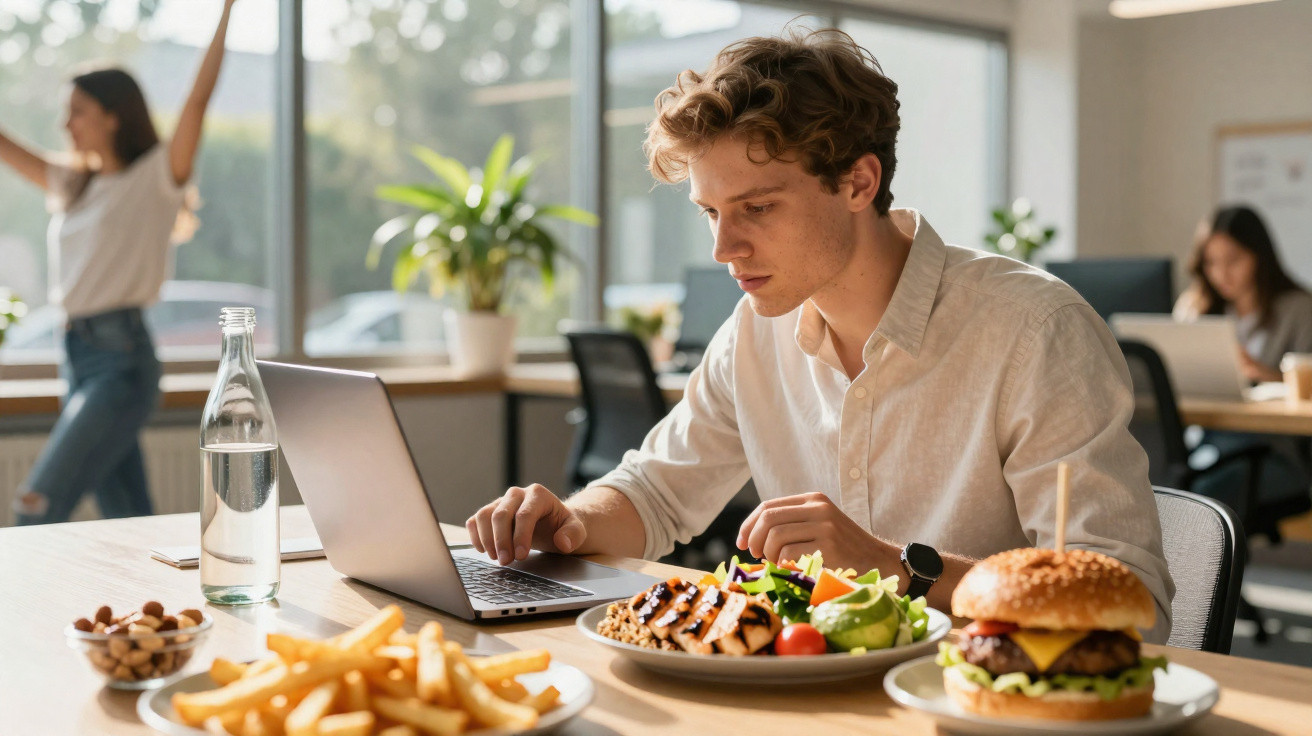 Jovem a trabalhar no portátil enquanto tem uma refeição com hambúrguer, batatas fritas e salada à sua frente.