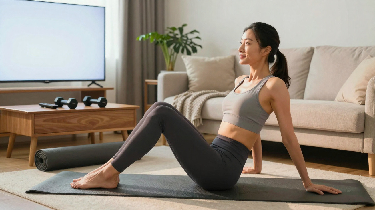 Mulher a fazer alongamentos num tapete de yoga na sala de estar junto ao sofá.