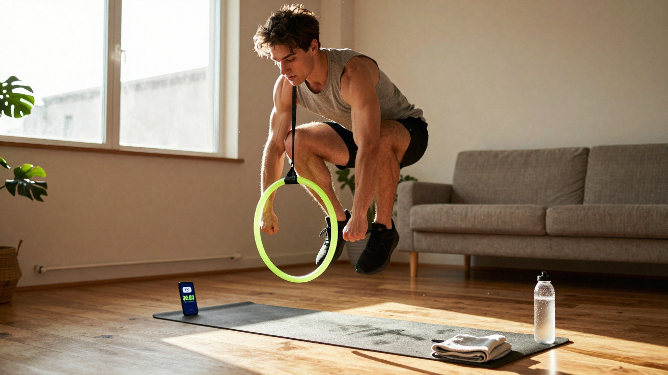 Homem a fazer exercício com anilhas de ginástica numa sala iluminada e arejada.