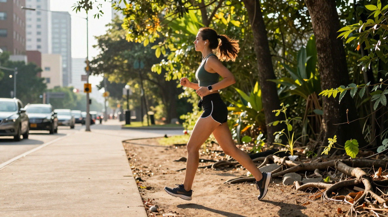 Mulher a correr junto a arvoredo e estrada urbana com carros numa manhã soalheira.