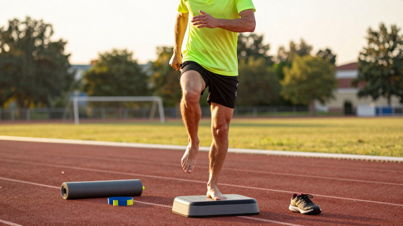 Homem descalço a exercitar equilíbrio num degrau numa pista de atletismo ao ar livre.