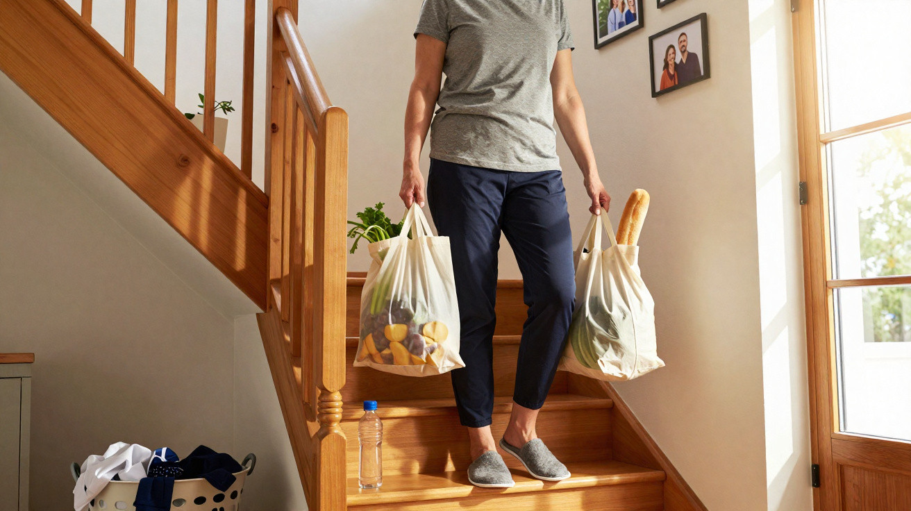 Pessoa a descer escadas de casa com sacos de compras com frutas, legumes e pão baguete.