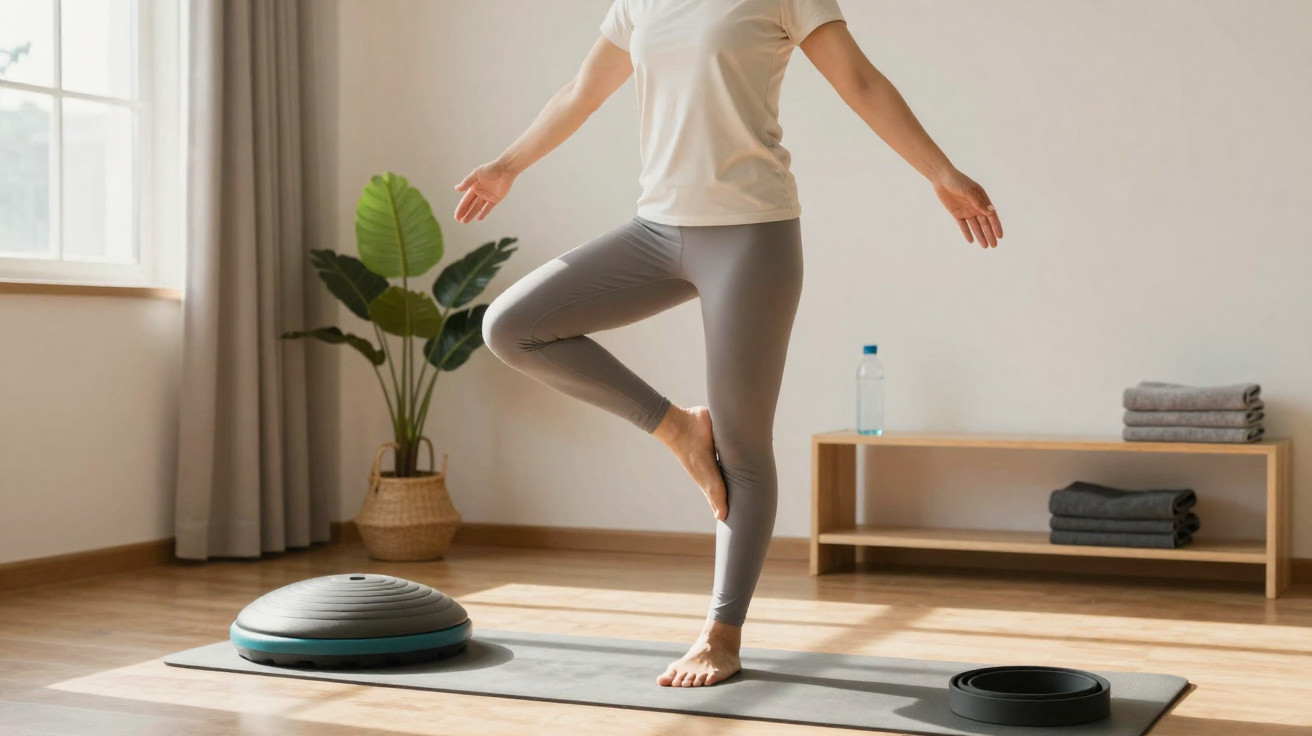 Pessoa a fazer exercício de equilíbrio numa sala com tapete, planta, garrafa de água e toalhas.