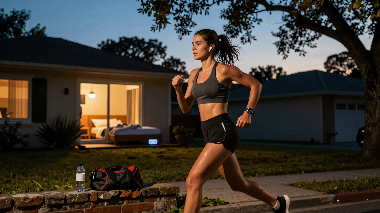 Mulher a correr ao ar livre ao entardecer, com roupa desportiva e auscultadores, perto de uma casa iluminada.