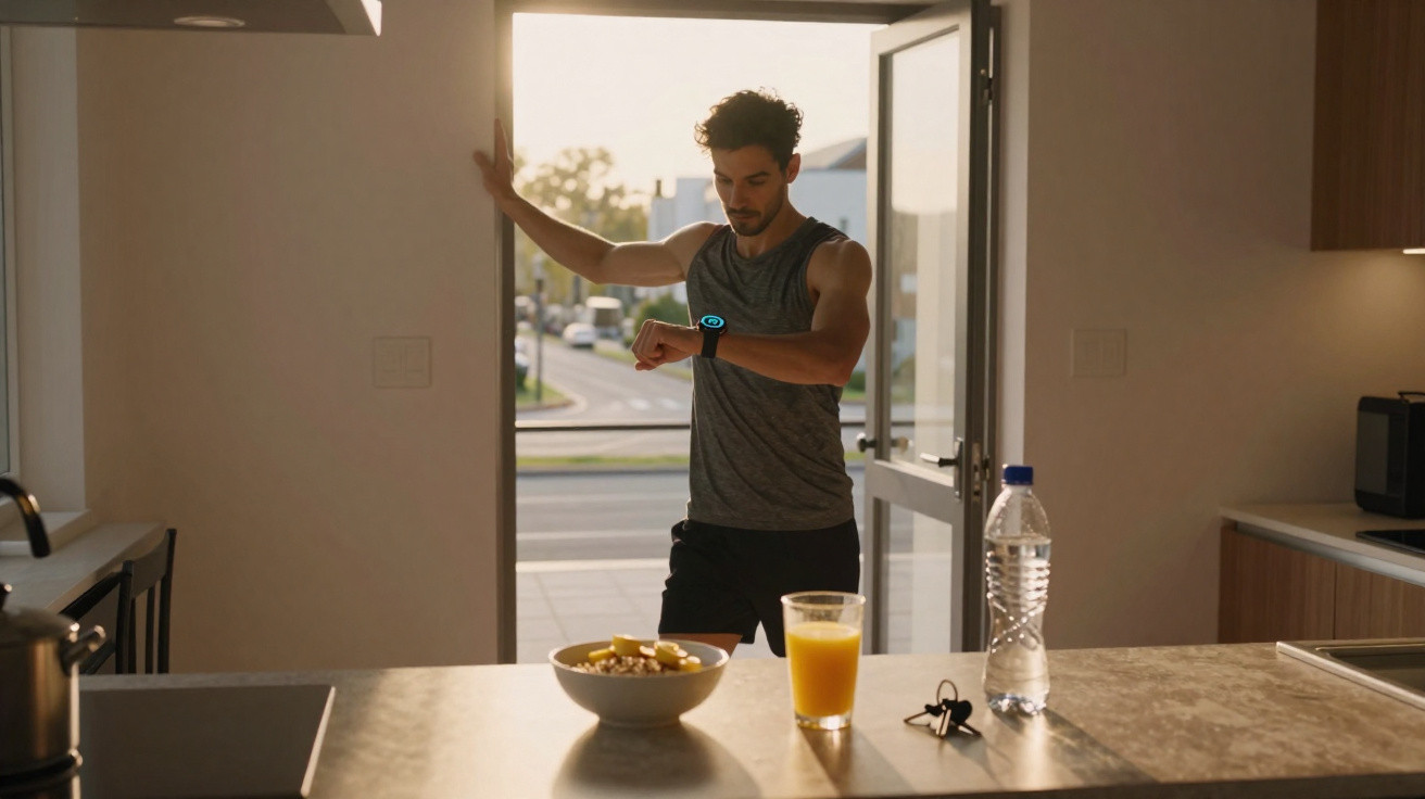 Homem a olhar para relógio inteligente na entrada de casa ao nascer do sol, com pequeno-almoço à frente.