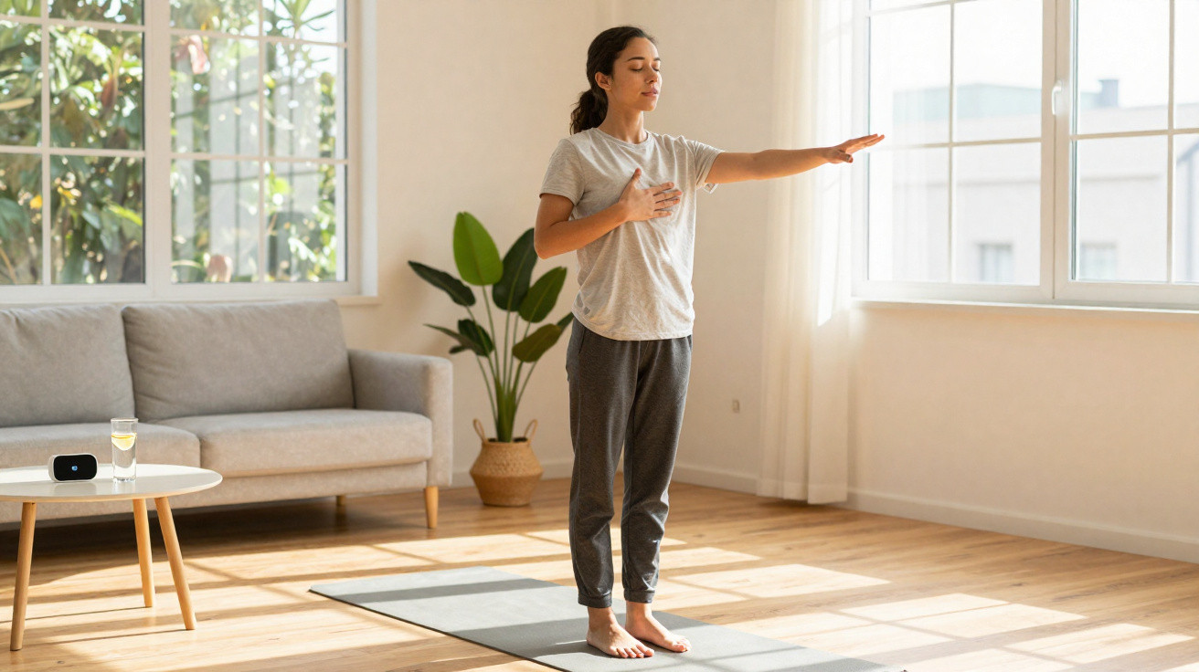Mulher jovem pratica meditação em tapete de ioga numa sala iluminada com sofá e planta decorativa.