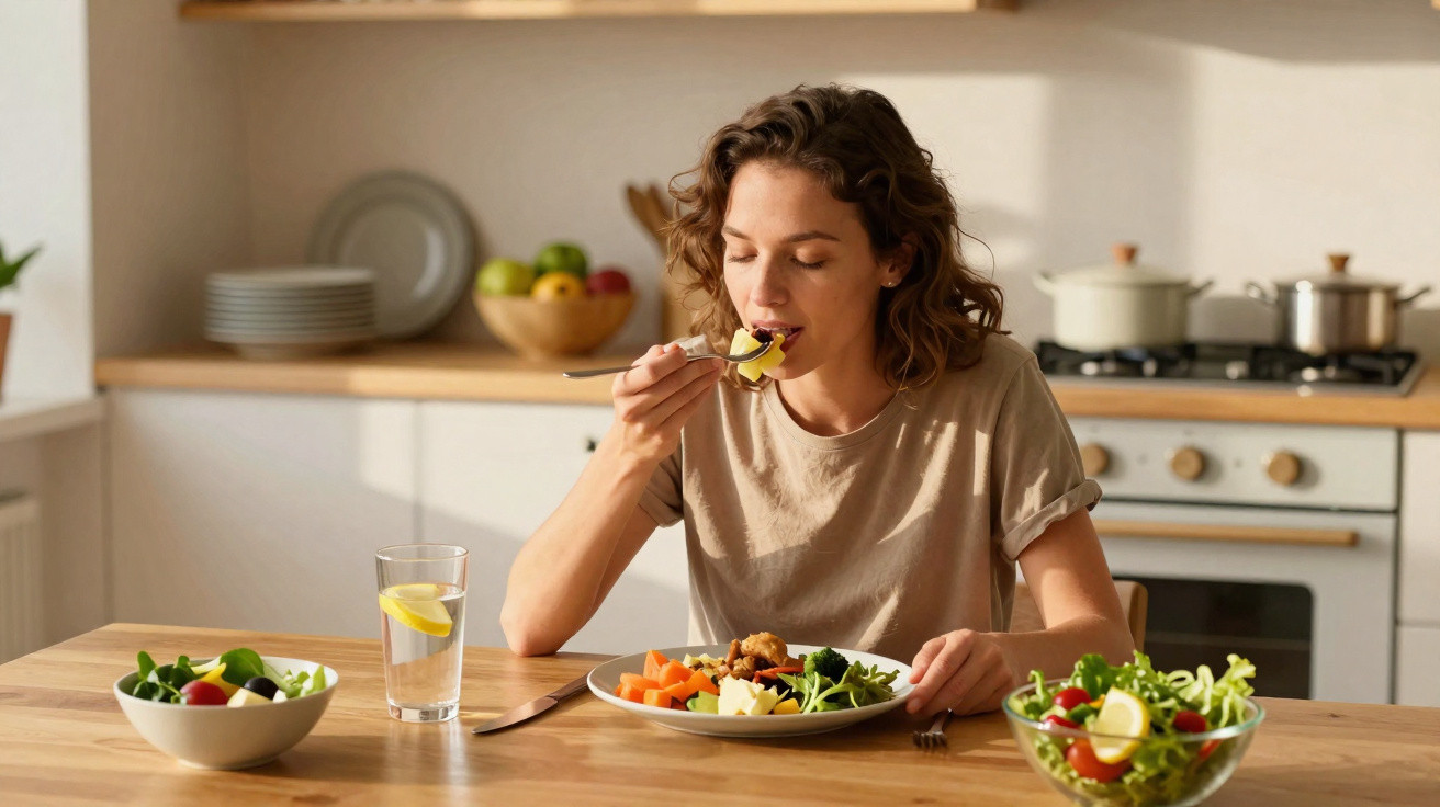 Mulher a comer refeição saudável com legumes e água com limão numa cozinha luminosa.