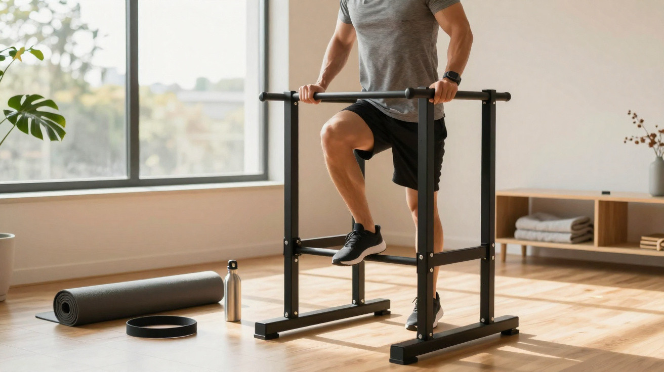 Homem a fazer exercícios com barra de paralelas num espaço iluminado com tapete e acessórios de treino.