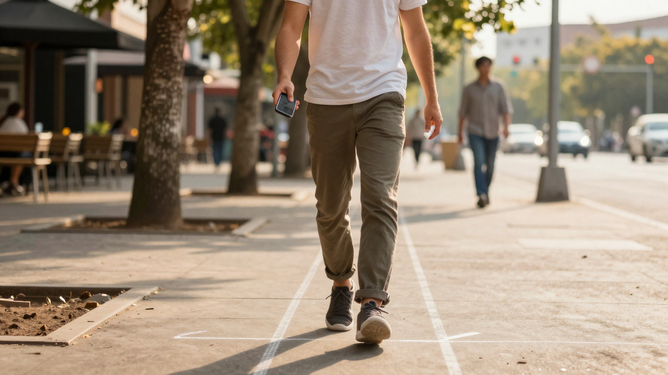 Pessoa a caminhar na rua segurando um telemóvel num passeio urbano com árvores e carros ao fundo.