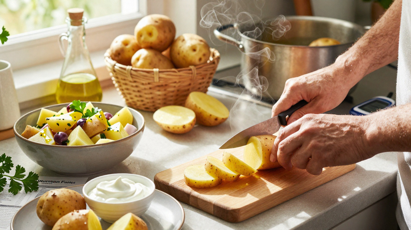 Pessoa a cortar batatas frescas numa tábua de madeira numa cozinha iluminada, com ingredientes e salada ao lado.
