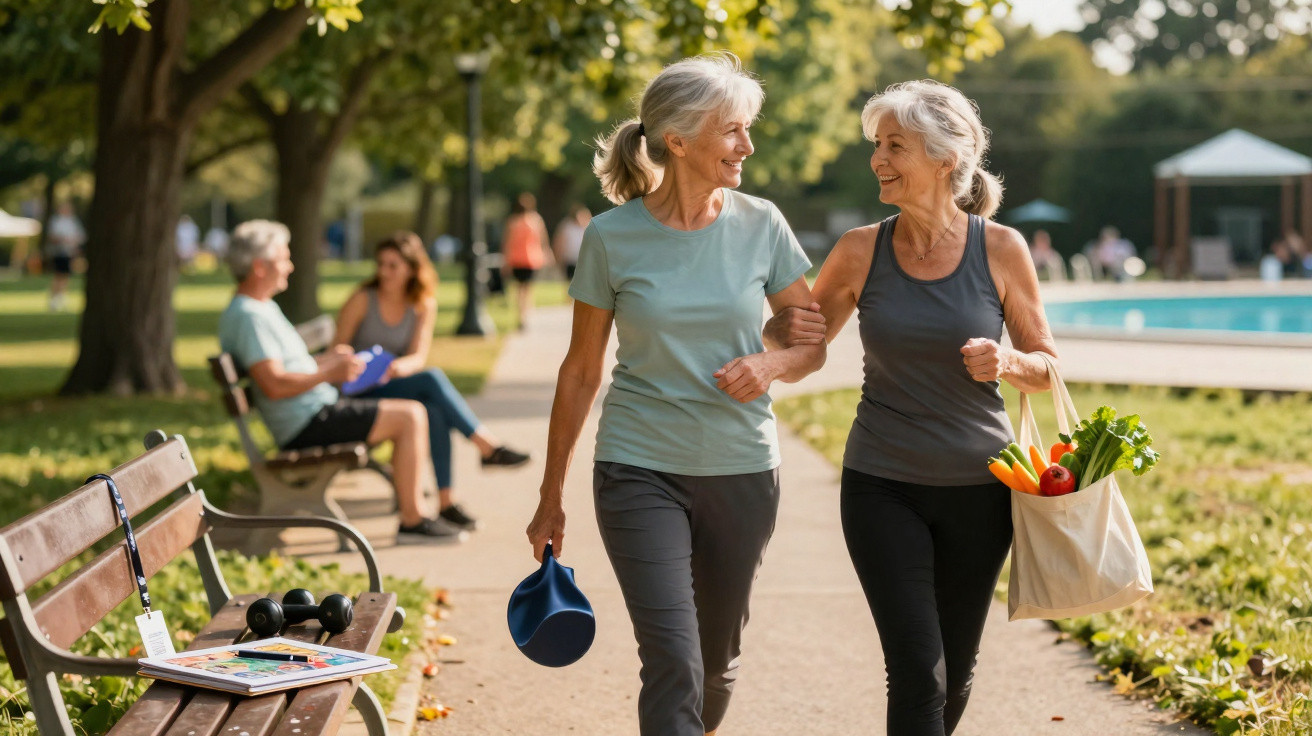 Duas mulheres idosas caminhando e sorrindo num parque, uma com saco de legumes e outra com boné azul.