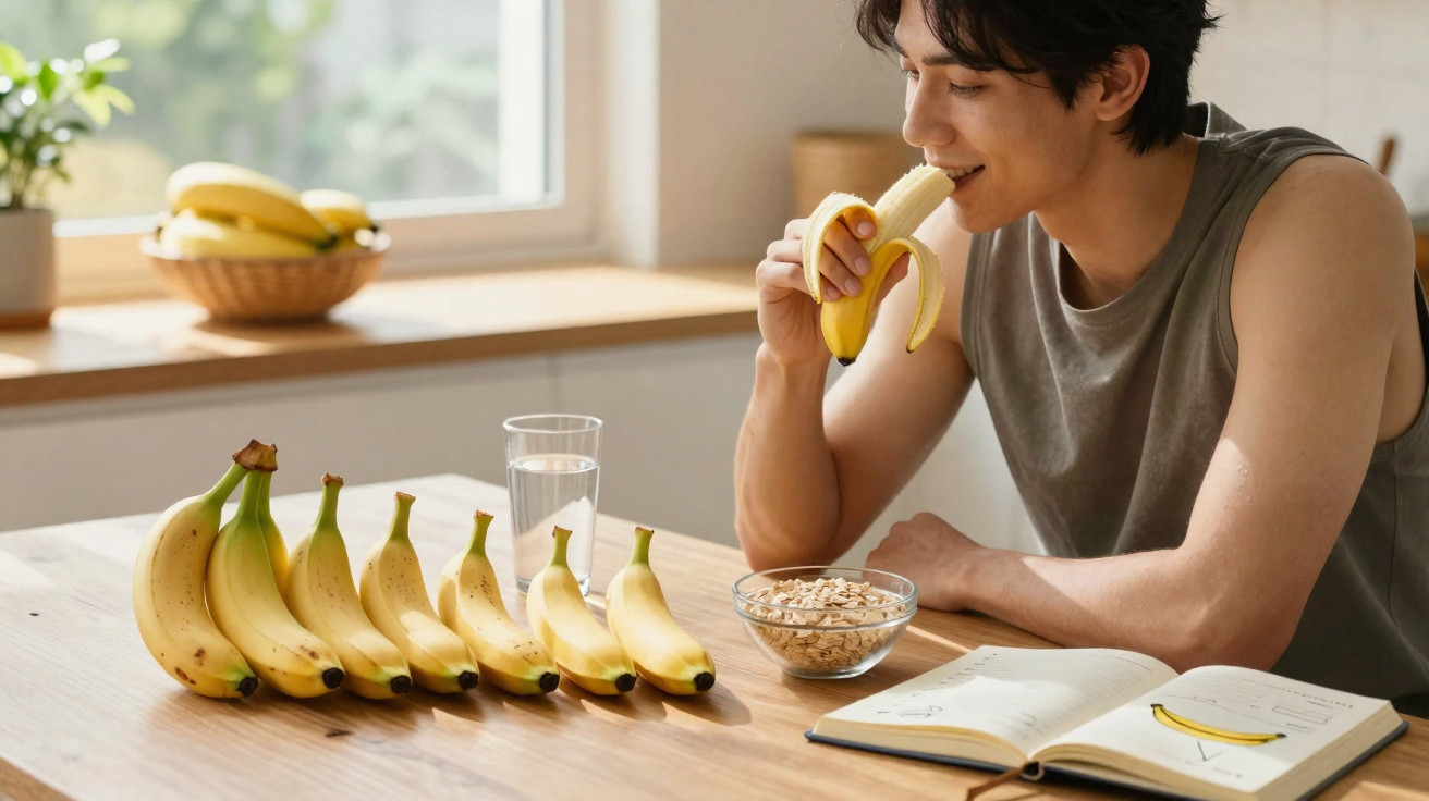 Homem a comer uma banana sentado à mesa com seis bananas, um copo de água, flocos de aveia e um livro aberto.